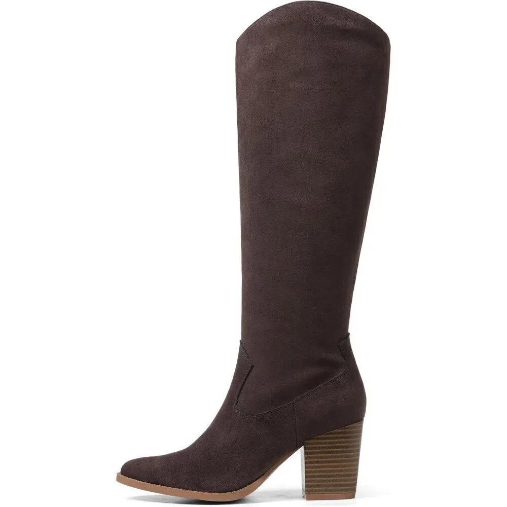 🆕Womens Suede Chocolate Side Zipper Knee High Pointed Toe Chunky Heel Tall Boot